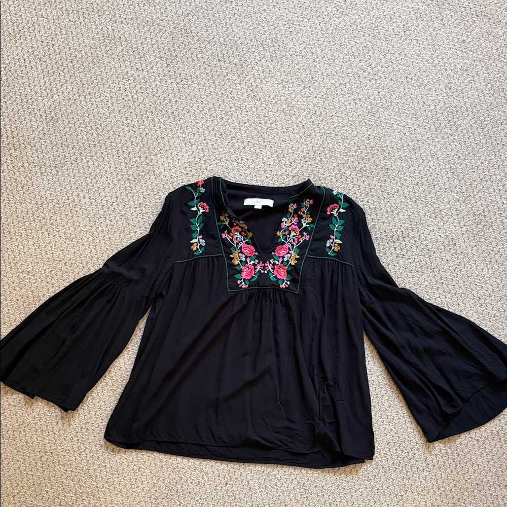 LOFT Black Blouse with Floral Embroidery